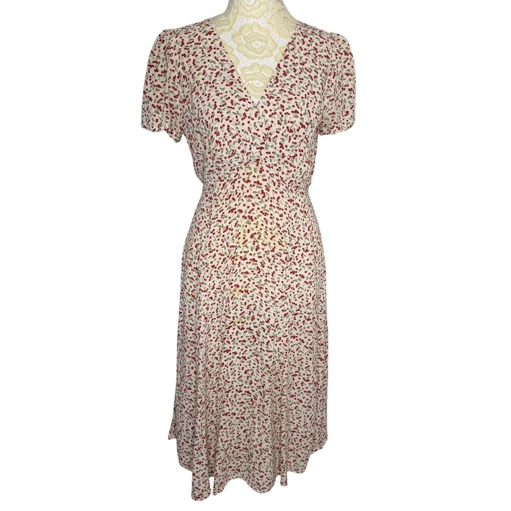 Loco Lindo Vintage Midi Dress Cherry Print Crepe Fit Flare Red Cream S